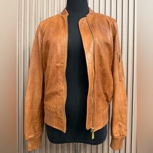 Michael Kors Brown Leather Moto Jacket XS Zipper Pockets Elastic at the Waist